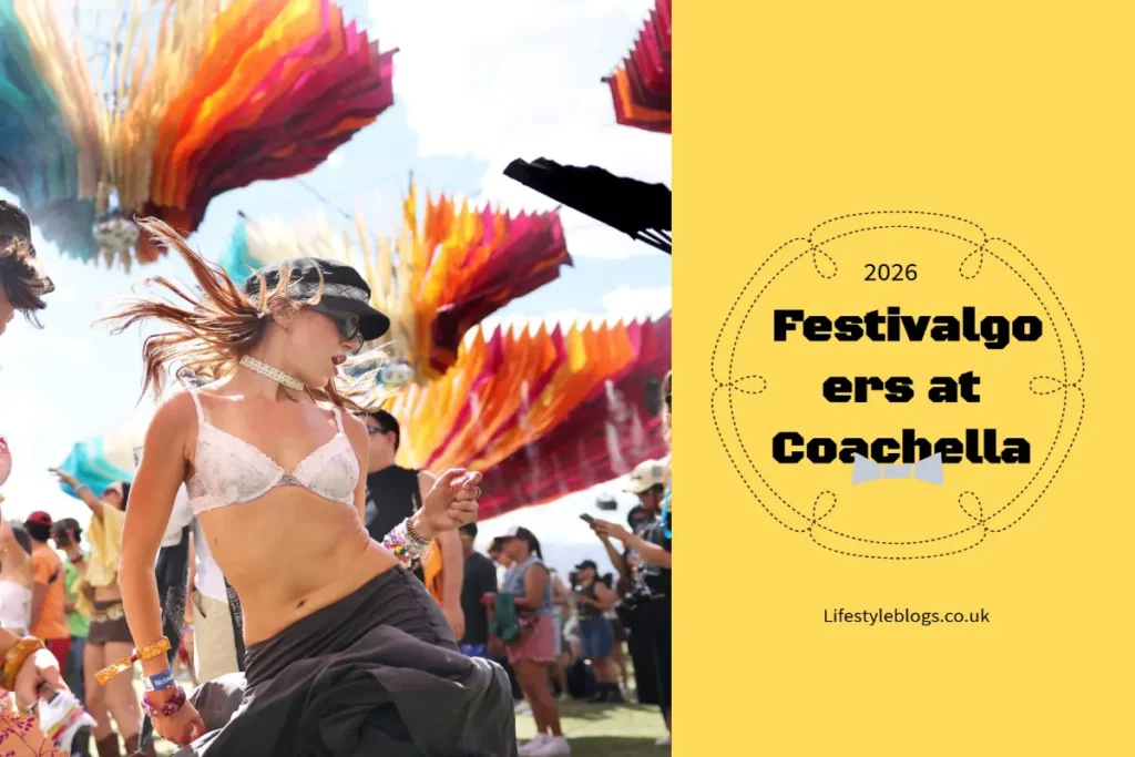 Festivalgoers at Coachella 2026 in 1970s-inspired boho outfits including fringe jackets, maxi dresses and denim