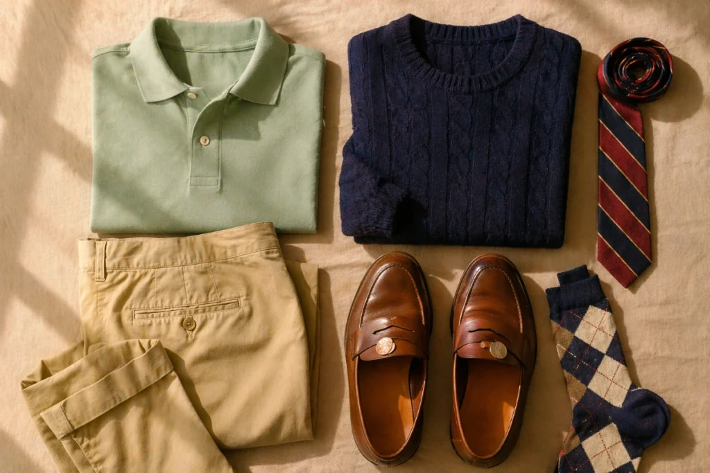 flat lay of classic preppy menswear outfit with polo, chinos, loafers and tie