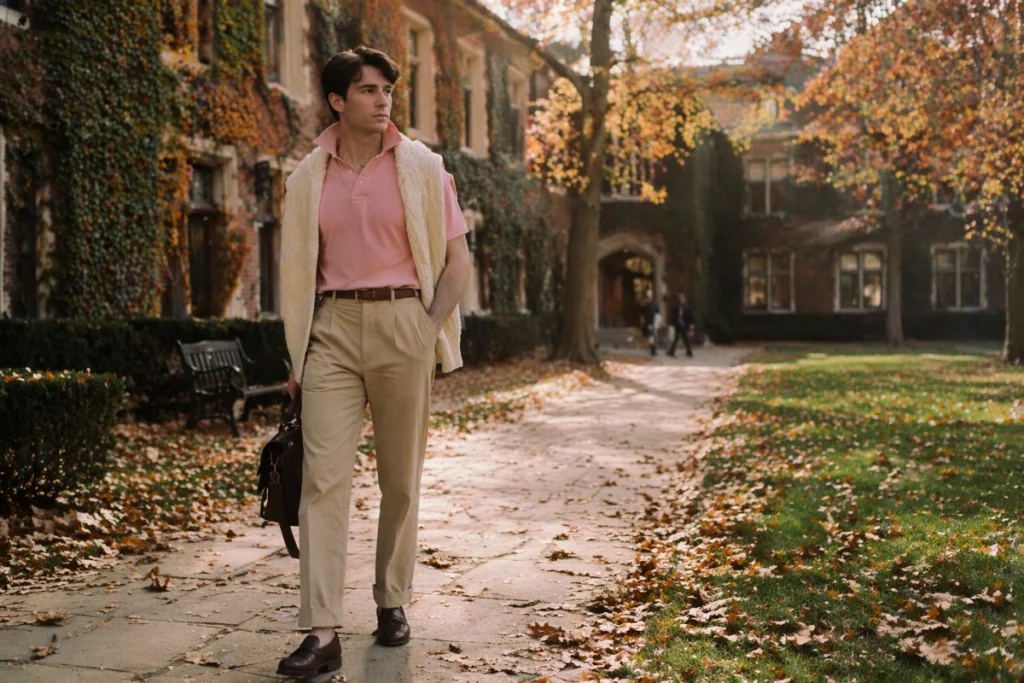 man in preppy outfit walking on ivy-covered college campus in autumn